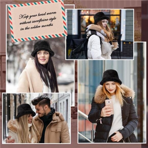 Winter Fluffy Faux Fur Bucket Hat for Women & Men Solid Black Color Warm Cap - Picture 5 of 6